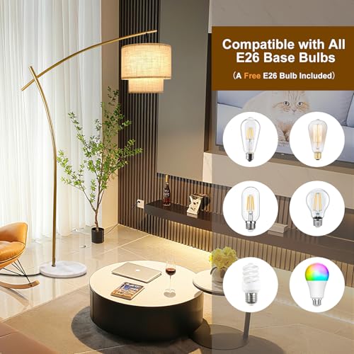 Image of Lightdot Arc Floor Lamp for Living Room, Modern Standing Tall Lamps with Double Linen Shade, Tall Hanging Pole Lamp with Stable Base & Bulb Included for Bedroom /Sofa Beside /Corner Decor-Gold
