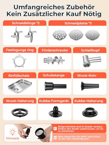 FOHERE Fleischwolf Elektrisch, 2000W Fleischwolf mit 2 Schneidklinge, 3 Schneidplatte (7MM/5MM/3MM), Wurst-Rohr, Kubbe-Formgerät, Hocheffizienter Fleischwolf für den Hausgebrauch, Schwarz