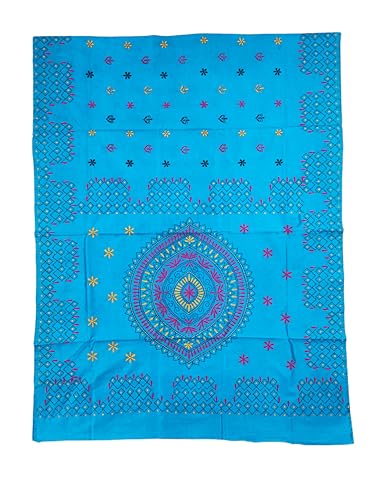 Image of SHRISTI CLOTHINGS Women's Hand Embroidered Cotton Silk Kantha Stitch Saree with Blouse Piece (SB420324 SKYBLUE)