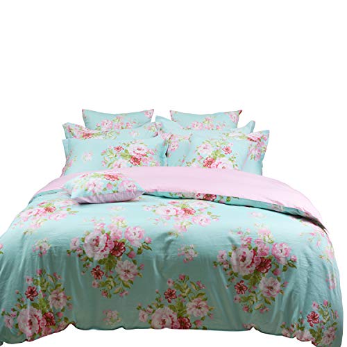 Fadfay Shabby Floral Duvet Cover Set Pink Grid Cotton Farmhouse Bedding With Hidden Zipper Closure 3 Pieces, 1Duvet Cover & 2Pillowcases,Queen Size #TOP2