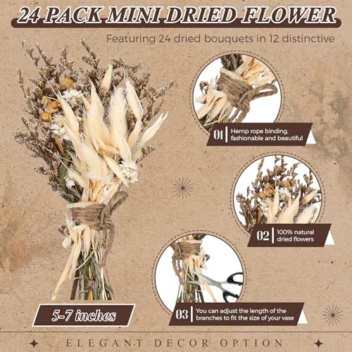 Layhit 24 Pcs Boho Dried Flower Bouquet Mini Wedding Handmade Dry Flowers Decor for Vase Crafts DIY Photo Boutonniere for Men Floral Plant Flower for Bridesmaid Gift Birthday Decor(Stylish Style)