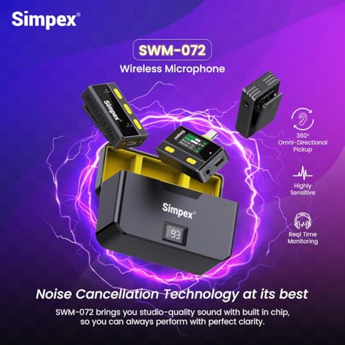 Image of Simpex (Mic-072 Wireless Microphone System with Remote & Noise Cancellation, 12 Sound Effects, 3 Voice Modes, 50m Range, Use with iPhone /Android & DSLR Camera for Vlogs, Interview & Podcasts
