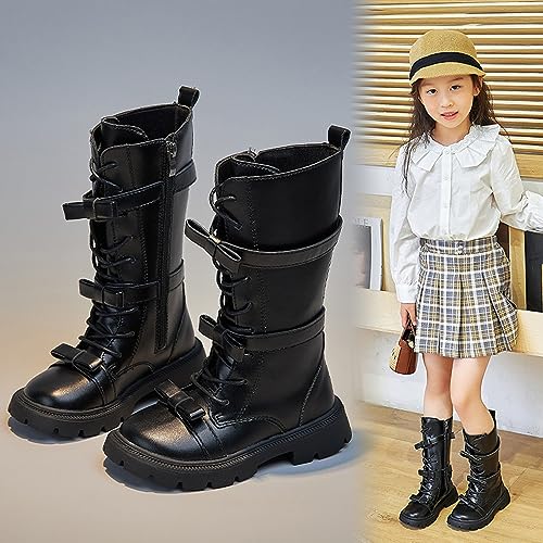 Kid's Girls Fashion Leather Lace-Up Waterproof Side Zipper Mid Calf Combat Riding Boots Winter Boots Dress Princess Shoes(Toddler/Little Kid/Big Kid)2
