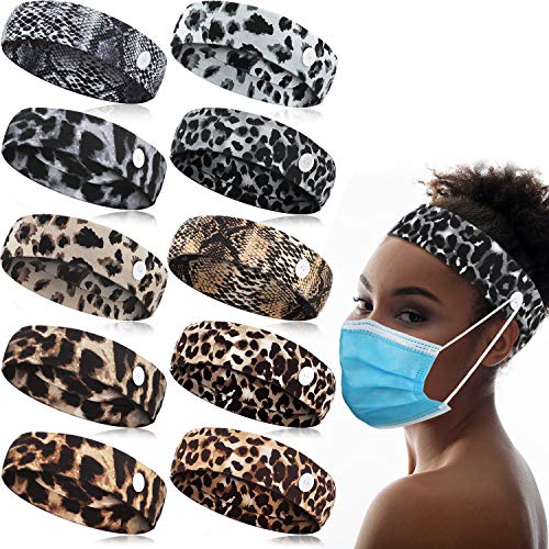 10 Pieces Button Headbands Leopard Print Headbands with Buttons Elastic Snake Print Headbands Non-Slip Yoga Sports Workout Sweatbands Hairbands for Outdoor Activity Hair Accessories