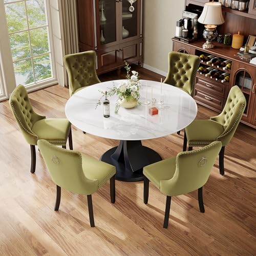 Image of 7-Piece Dining Table Set with 47In Faux Marble Table and 6 Velvet Upholstered Chairs, Modern Scandinavian Furniture for Dining Room Kitchen(Olive Green)