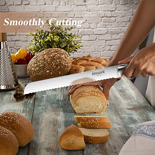 Huusk Chef Serrated Bread Knife For Homemade Bread High Carbon Steel Tojiro Knife With Wide Wavy Edge Tomato Knife With French Full Tang Handle Thanksgiving Christmas Gift #TOP4