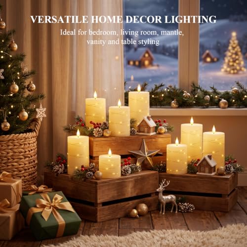 Image of Homemory Ivory Flameless Candles with String Lights, Set of 3 Battery Operated LED Pillar Candles with 3D Flickering Wicks, 11-Key Remote Control and Timer for Home, Wedding and Christmas Decor