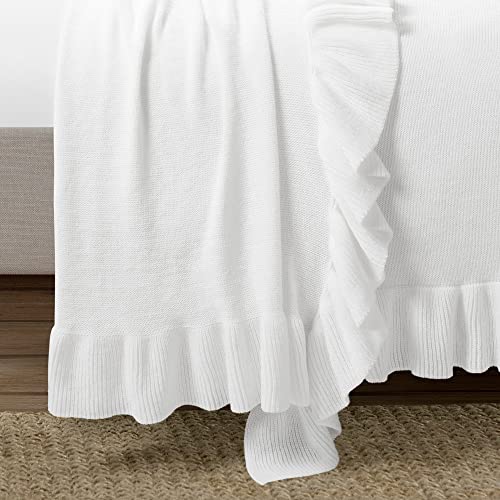 Image of Lush Decor Reyna Soft Knitted Ruffle Throw Blanket, 104 inch W x 88 inch L, White - Classic Ruffled Bedding - Knit Blanket - Cozy Oversized Blanket For Bed or Couch - Vintage, Minimalist & Cottage Home Decor