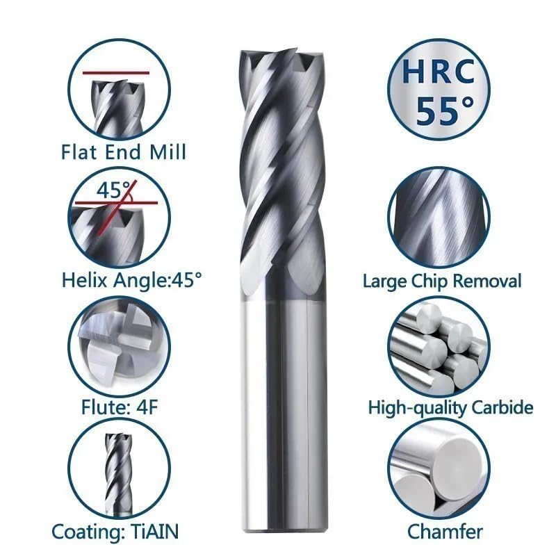 Frezy płaskie, 4 flety, frezy z twardego metalu HRC 45 TiALN, powlekane CNC, frezy trzpieniowe, 8 x 40 x 150 x 8T