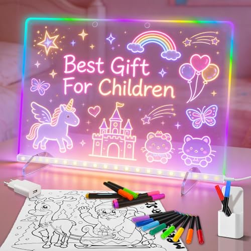 Pizarra LED de dibujo con 8 colores, incluye adaptador, 30x25cm LED pizarra de dibujo para niños con soporte invisible, pizarra de borrado en seco brillante con 14 marcadores, paño suave, cadena