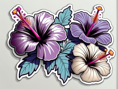 Image of Hibiscus Flower Sticker Tropical Floral Cluster Vinyl Decal Waterproof Aesthetic Flower Sticker for Laptop Water Bottle Car Bumper Notebook Scrapbook Botanical Gift