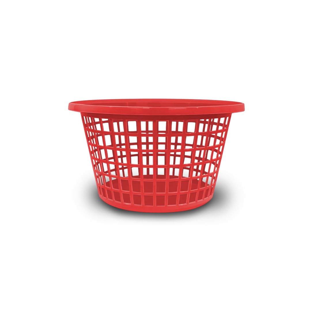ORGANIZED Round Plastic Laundry Basket, Large Clothes Hamper for Laundry Storage, Ventilated Slots, Red and Black (Red)