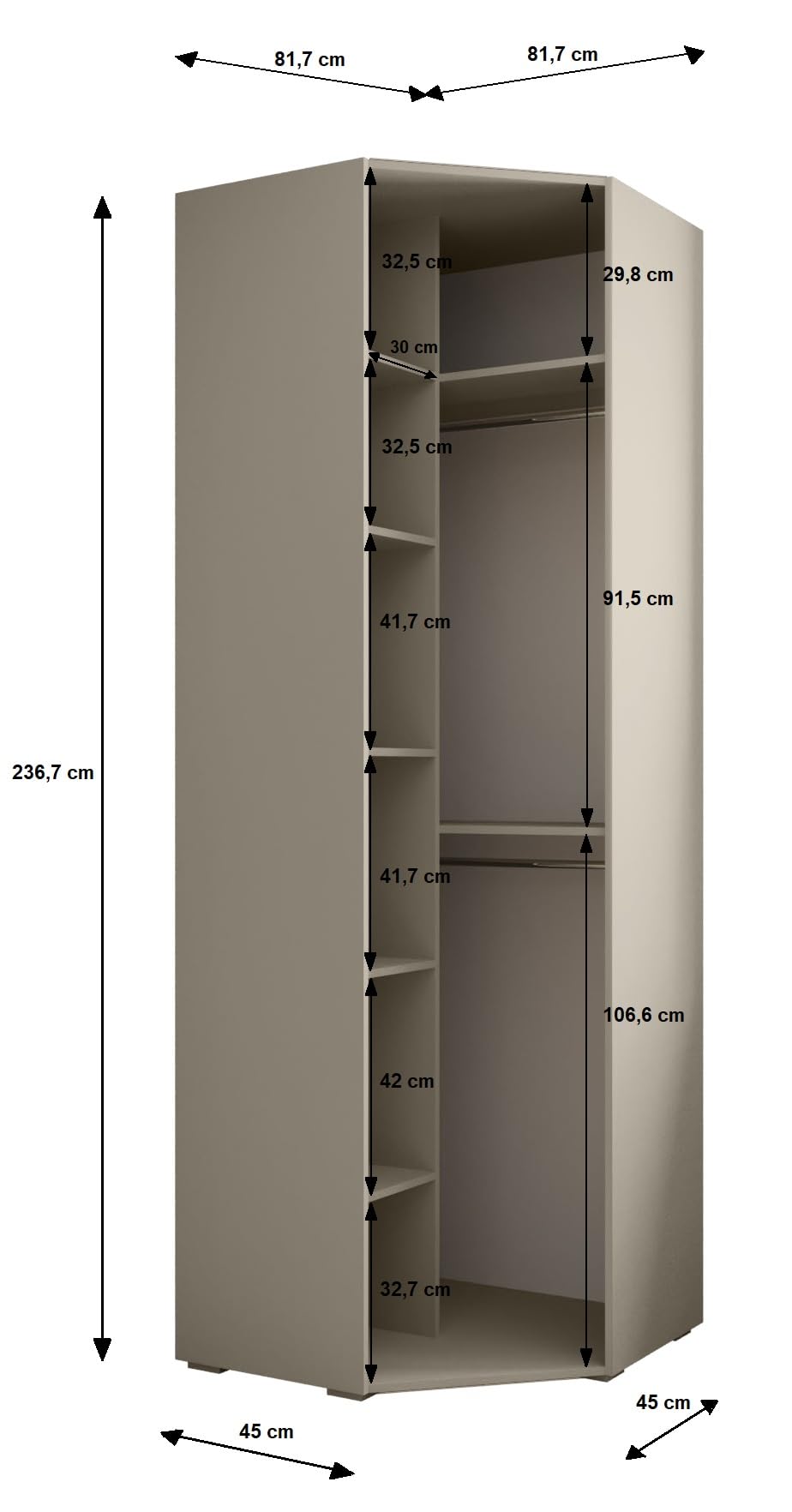 ABIKSMEBLE Armario Esquinero Inova 1 - Armario con Estantes y Barras - Unidad de Almacenamiento - para Dormitorio, Habitación Juvenil, Entrada - 236,7x81,7x47cm - Blanco, Dorado