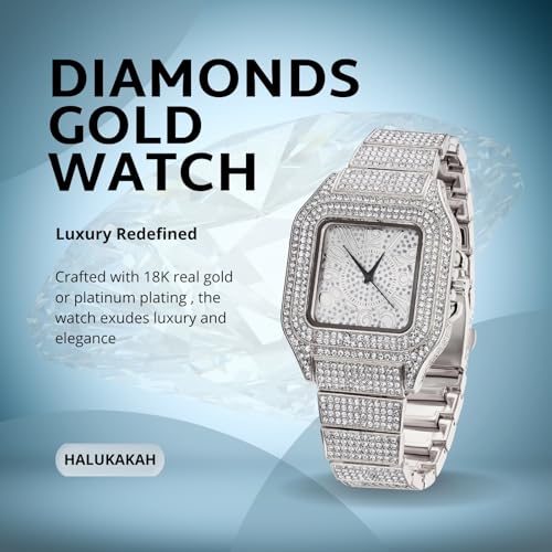 Image of Halukakah Diamonds Watch Iced Out for Boy Teens Kids - 18K Real Gold /Platinum Plated,Arabic Numerals Square Dial,Japanese Quartz - 7.3 inch Length - Optional with Cuban Link Chain - for Birthday,Parties