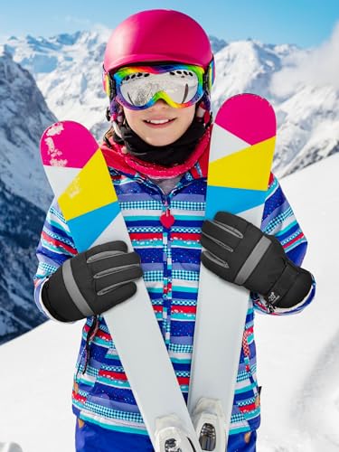 Image of SATINIOR 2 Pairs Kids Waterproof Winter Snow Gloves Ski Gloves for Boy Girl Outdoor Warm Thickening Snowboard