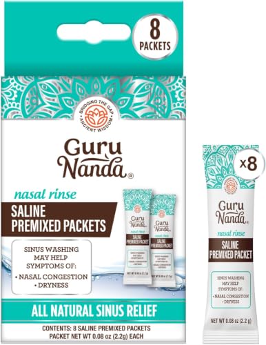 Image of GuruNanda PreMixed Saline Packets for Nasal Rinse (8 Count), All Natural Sinus Rinse Packets to Help with Allergies & Congestion Relief, 0.08oz Each (Pack of 6)