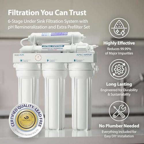 Image of APEC Water Reverse Osmosis Water Filter System, WQA Certified, 6-Stage with Alkaline Mineral pH+ and Extra High Capacity Pre-Filter Set Stage 1-3, Ultra Safe Essence Series, 75 GPD