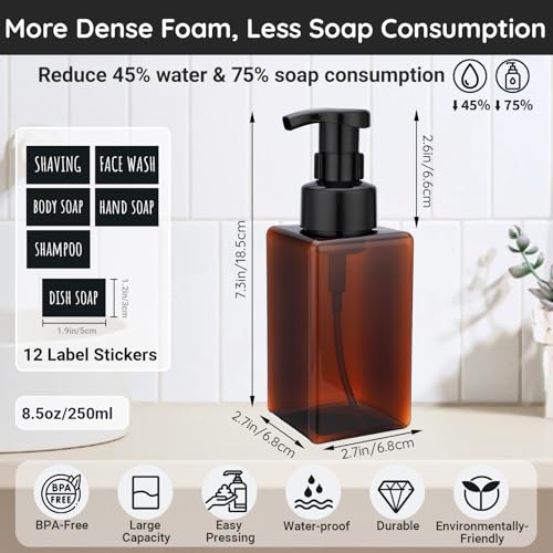Image of Segbeauty 15.2oz Amber Plastic Refillable Foaming Soap Dispenser Pump Bottle for Bathroom, 4pcs Empty Shampoo Foamer Bottle with Foaming Pump, 450ml Square Kitchen Liquid Soap Dispenser with Labels