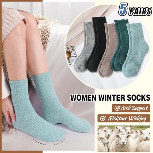 Image of EBMORE 5 Pairs Women Merino Wool Boot Socks Warm Thermal Winter Thick Hiking Cozy Cabin Crew Comfy Socks for Ladies