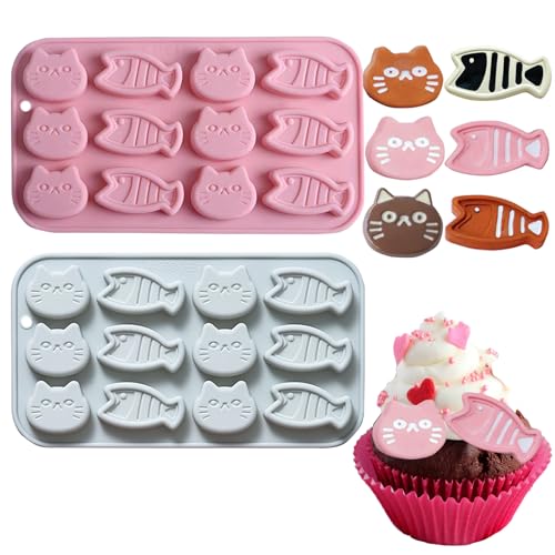 2PCS Chocolate Silicone Molds, 12 Cavity Cartoon Cat Mold Cat Treat Molds, Mini Fish Shape Silicone Mold Animals Candy Mold for Sugar, Candy, Chocolate