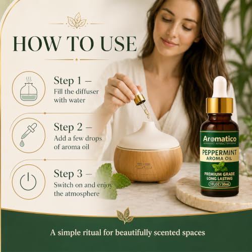 Image of AROMATICO Peppermint Diffuser Oil, Premium Home Fragrance Oil for Aromatherapy, Meditation & Concentration | Versatile Use in Diffusers, Air Fresheners 30ml