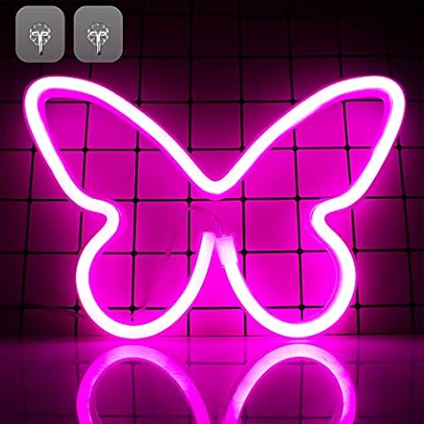 Neon Signs for Bedroom, Butterfly Neon Sign LED Lights USB or Battery Powered, Led Neon Light Neon Wall Signs for Girls, Pink Light up Sign for Christmas Halloween Party Wedding Kids Room Decor (Pink) Cover