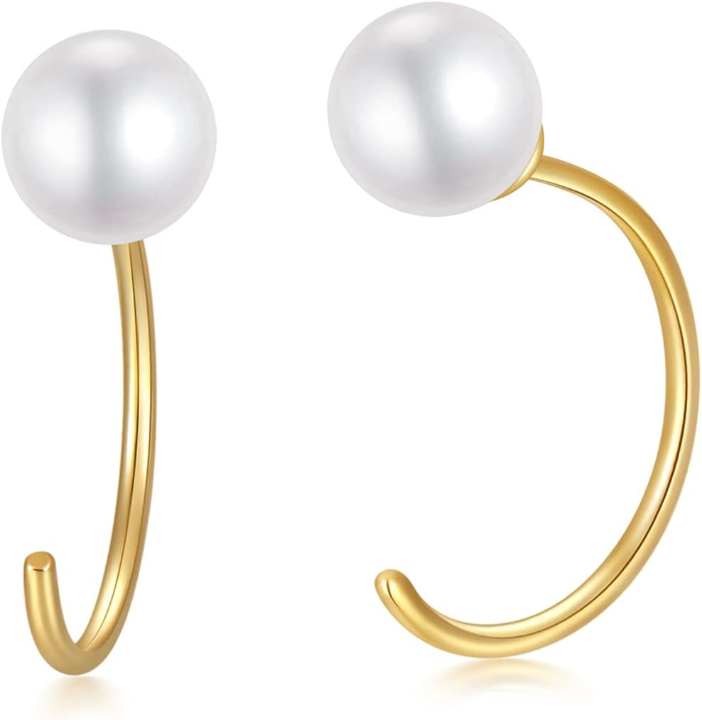 14K Yellow Gold Half Hoops Pearl Earrings for Women, Delicate Gold Freshwater Pearl Cuff Wrap Piercing Hoop Studs Earrings Hypoallergenic Ear Jacket Jewelry for Mom, Wife 10MM