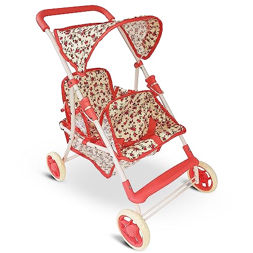 Double Doll Stroller for Twin Dolls & Toddlers - 25' Floral Tandem Play Toy Stroller