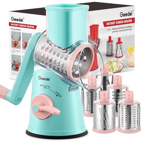 Image of Geedel Rotary Cheese Grater Cheese Shredder - Upgraded 5-in-1 Cheese Grater with Handle and Strong Suction Base, Multi-purpose Vegetable Slicer Ice Shaver Nuts Grinder for Cheese, Vegetables, Ice