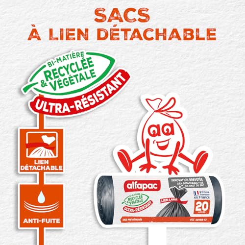 ALFAPAC Sacs Poubelle à Lien Large Ultra Résistant 74% Recyclé et 15% Végétal Fabrication Française 20 x - vue 2