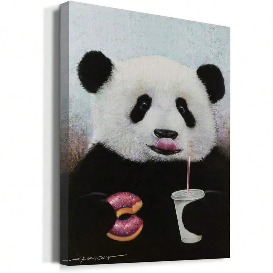 AIHNBF Divertido mural de panda con donut y bebida, bonito lienzo de dibujos animados para habitación infantil y bebé, 50 x 75 cm