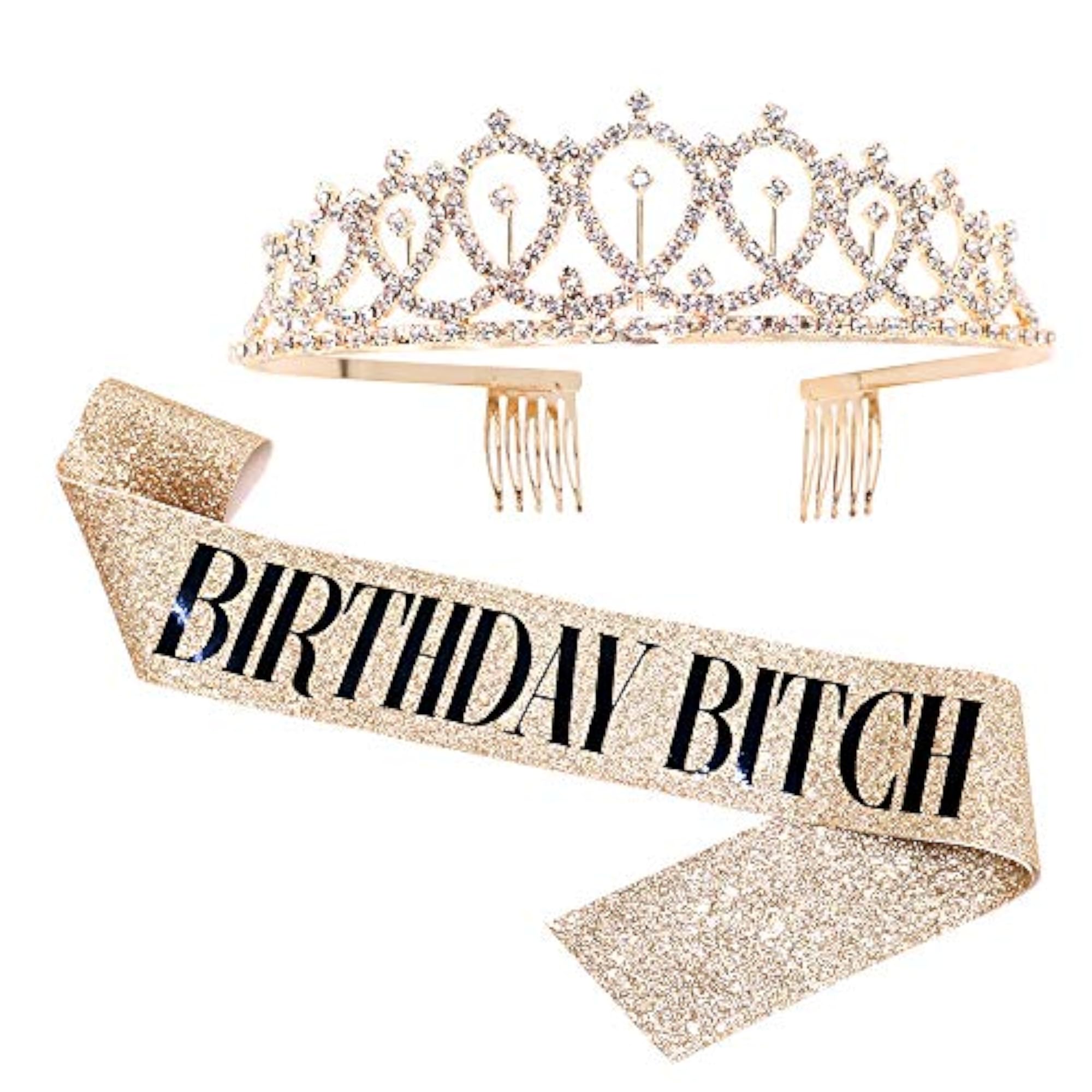 Birthday Bitch Sash & Rhinestone Tiara Kit, Gold Glitter