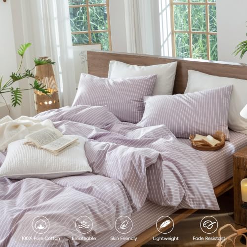 Image of MooMee Striped Duvet Cover Set 100% Washed Cotton Linen Like Queen