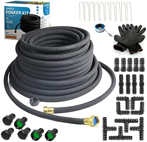 AMRITA Soaker Hose KIT,1/2inch 100ft Rubber Garden Hose 70% Water Saving,Black Heavy Duty Soaker Hose For Garden Lawn,Garden Raised Beds.(1/2-100FT)