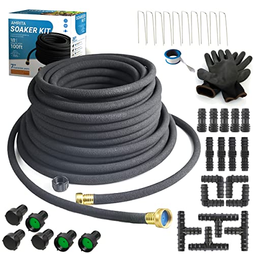 AMRITA Soaker Hose KIT,1/2inch 100ft Rubber Garden Hose 70% Water Saving,Black Heavy Duty Soaker Hose For Garden Lawn,Garden Raised Beds.(1/2-100FT)