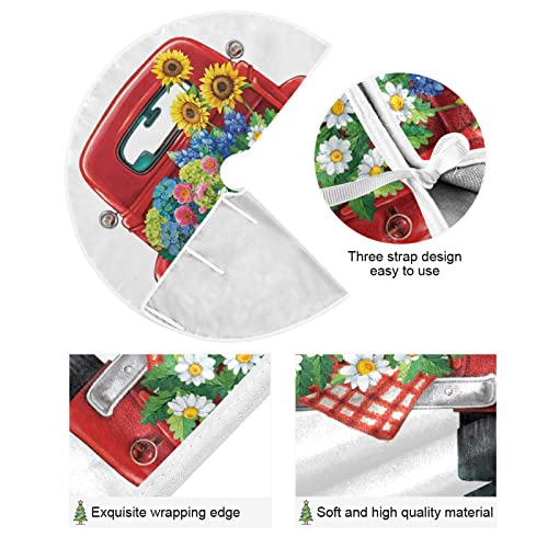 Spring Red Truck Tree Skirt 36" Sunflower Daisy Spring Summer Flowers Floral Christmas Tree Skirts Rustic Farmhouse Xmas Mat For Holiday Festival Party Decor #TOP1