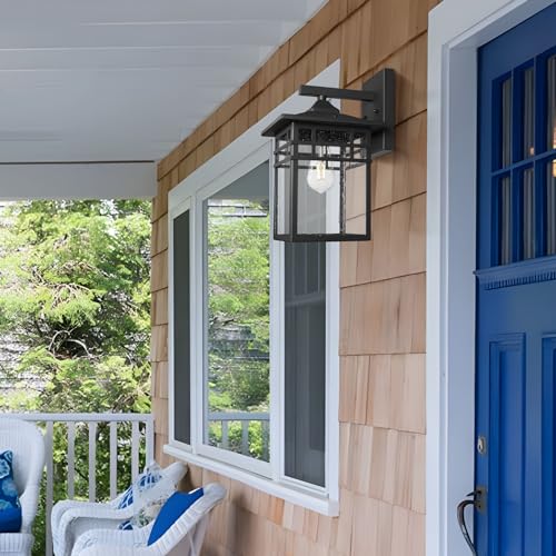 Image of Outdoor Light Fixture Wall Mount, Black Exterior Light Fixture Wall Sconces with Seeded Glass for Front Porch, 9 Inch Large Waterproof Outdoor Square Wall Lantern Outside for House Doorway