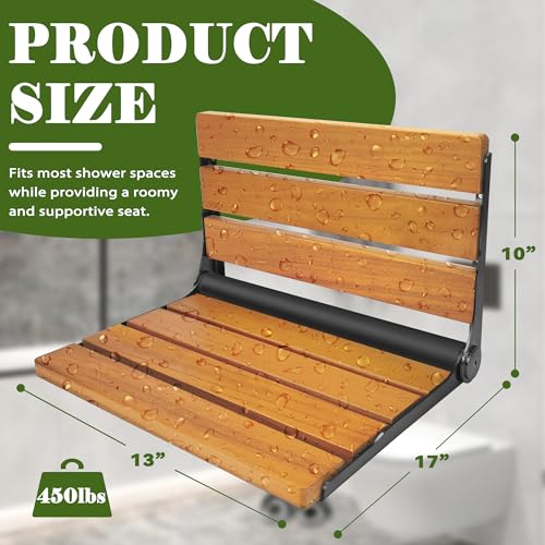 Koretech Folding Shower Seat Teak, Folding Shower Seat Wall Mounted, Foldable Shower Chair for Home Care, 450 lbs Capacity (Black-Colored Stainless Steel, 13'' D x 17'' W x 10'' H) by koretech - Image 3