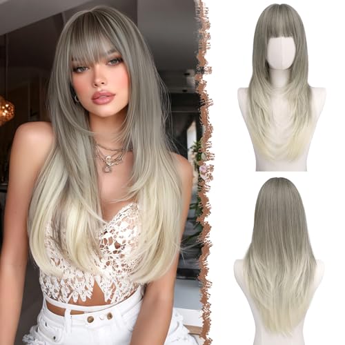 FESHFEN Peluca Liso con Flequillo   Pelucas Rubio Ceniza Largo y Rectas con Capas para Mujeres Natural Sintética Peluca Largas para Uso Diario en Fiestas, 60 cm