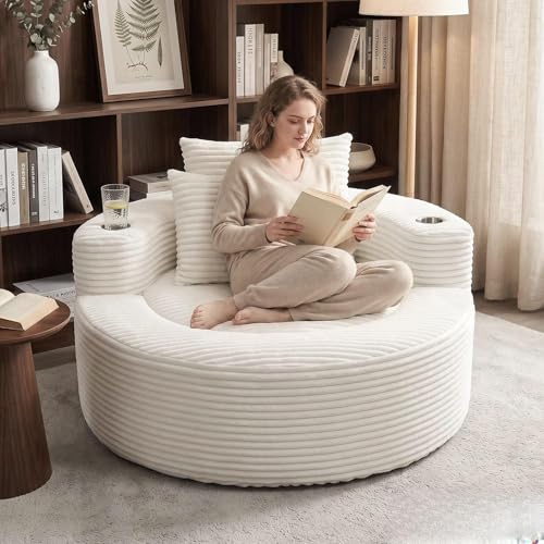 Image of Trustyue Boneless Couch,Comfy Fluffy Sofa Bed,Upholstered Sleeper Sofa with Cup Holder and Throw Pillows,Corduroy Plush Cloud Lounge Chair