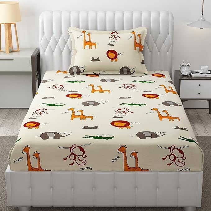 Image of Filymore Kids Animal Single Bedsheet Cartoon Bedcover 240 TC Microfiber Kid Bedspread for Single Size Bed (Size 90 X 60 Inches) 1 Bedsheet with 1 Pillow Cover for Kids Room (Color-Cream)