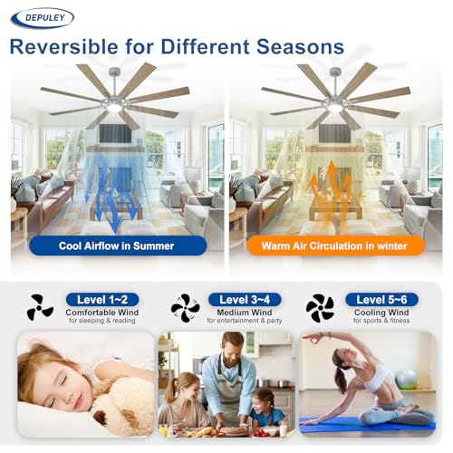 Image of Depuley 66-Inch Ceiling Fan with Light: Modern 8-Blade Silver and Wood Grain Indoor Outdoor Fans with Remote App Control Dimmable Light - Ultra Quiet DC Motor Reversible 6 Speed Timer