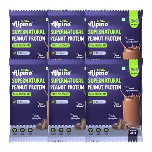 Image of Alpino Supernatural Peanut Protein Powder Dark Chocolate 216g (6 Day Trial Pack) - 100% Plant-Based, High-Performance Protein - 24g Protein, 5.1g BCAAs, No Added Sugar