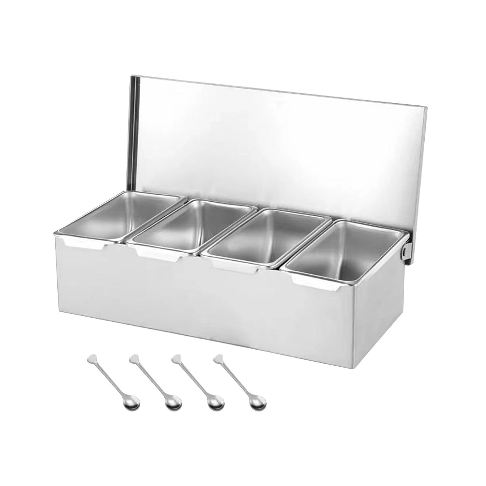 Milageto Boîte à Épices Récipient Compartiments Multiples Organisateur Condiments Inoxydable Nettoyage Facile avec Couvercle Adapté à La Maison Restaurant Hôte, Quatre grilles