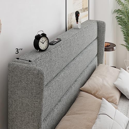 Feonase Full Bed Frame, Upholstered Platform Bed Frame With Modern Wingback, Wood Slats Support, No Box Spring Needed, Easy Assembly, Noise-Free, Light Gray #TOP3