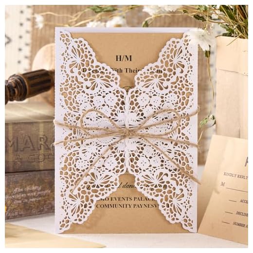 50pcs Rustic Wedding Invitations, White Laser Cut Invitations Pocket with Blank Kraft Inner Cards and Envelopes for Wedding Engagement Anniversary Birthday Party Invite (Blank, No Printing)