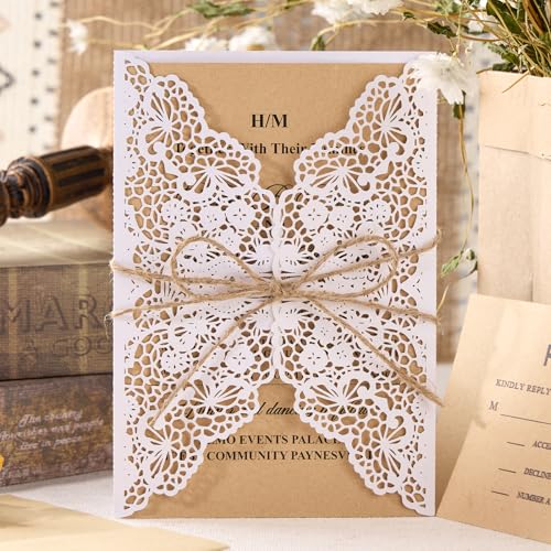 50pcs Rustic Wedding Invitations, White Laser Cut Invitations Pocket with Blank Kraft Inner Cards and Envelopes for Wedding Engagement Anniversary Birthday Party Invite (Blank, No Printing)