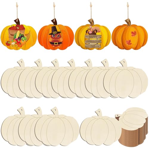 20 Pcs Wooden Pumpkins Ornaments Halloween Thanksgiving Unfinished Pumpkin Cutouts for Crafts DIY Blank Pumpkin Wood Discs Ornament for Fall Harvest Hanging Autumn Decorations
