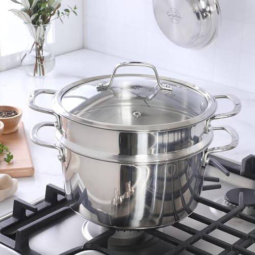 Image of Sur La Table Kitchen Essentials Chef's Deck 3-Piece 5.3-Quart Stainless Steel Dutch Oven with Steamer Insert & Glass Lid - Induction Ready, Tri-Ply Base, Polished Finish & Hollow Stay-Cool Handles