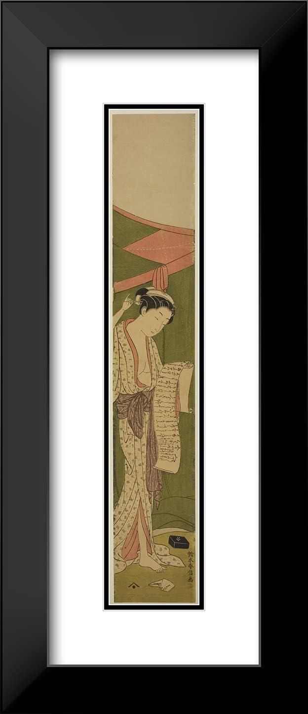 ArtDirect Suzuki Harunobu 11x24 Black Modern Framed and Double Matted Art Print Titled Woman Standing Beside a Mosquito Net Reading a Letter
